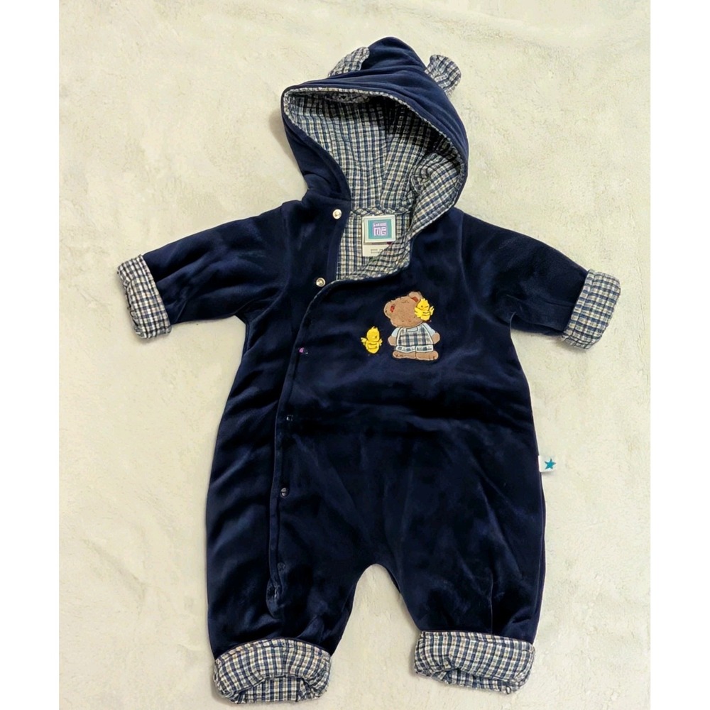 Vtg Little Me Velour Navy Flannel Bear Winter One Piece 6 Mos Cozy‎ Bunting Hood